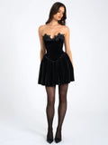 NORA BLACK VELVET DROP WAIST CORSET LACE TRIM DRESS