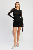 RUCHED MESH DRESS WITH ROSETTE DETAIL