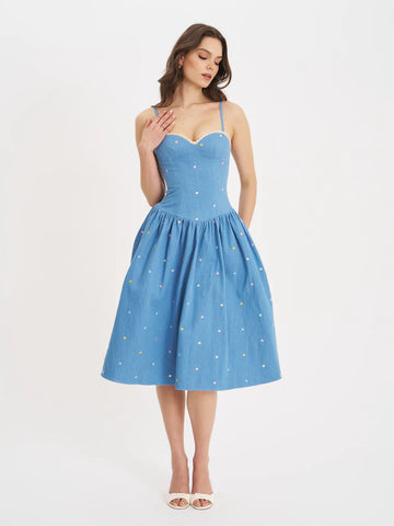 ZADIE COTTON DENIM FLOWER MIDI DRESS