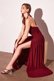 RUCHED HALTER DROP WAIST MAXI DRESS