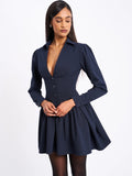 Xabrina Navy Blue Pinstripe Long Sleeve Dress