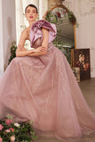 ONE SHOULDER ROSETTE MAUVE BALL GOWN