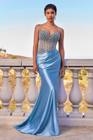 STRAPLESS BEADED BODICE AND SATIN SKIRT FITTED GOWN