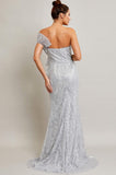STRAPLESS RUFFLE SIDE SEQUIN GOWN