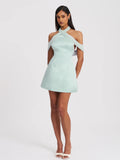 Light Cyan Halter Off-shoulder Backless Mini Dress