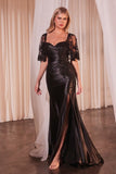 STRETCH SATIN FITTED GOWN WITH REMOVABLE LACE CAPLET