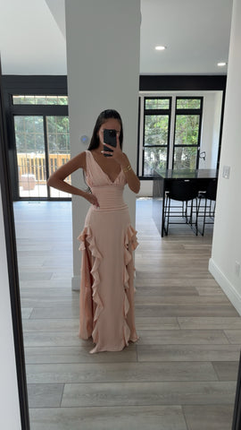 Talyssa Baby Pink Ruched Waist Double High Slit Maxi Gown