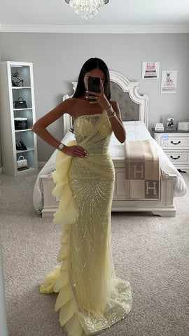 ONE SHOULDER EMBELLISHED YELLOW GOWN