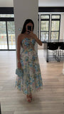 FLORAL PRINT STRAPLESS TEA LENGTH A-LINE DRESS