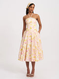 Zaina Yellow Pink Floral Print Lace Midi Dress