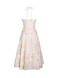 Zaina Yellow Pink Floral Print Lace Midi Dress