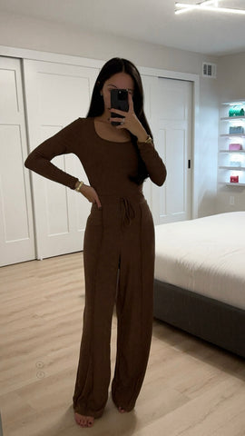 Round Neck Long Sleeve Bodysuit and Tied Pants Set