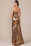 SLEEVELESS STRAPLESS TWISTED PLEATED METALLIC GOWN