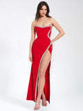XOANA RED CRYSTAL EMBELLISHED HIGH SLIT GOWN