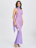 PURPLE VELVET ANIMAL PRINT MESH HALTER NECK MAXI DRESS