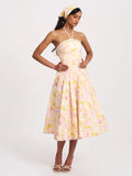 Zaina Yellow Pink Floral Print Lace Midi Dress
