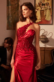 ONE SHOULDER SATIN DRESS WITH LACE APPLIQUE