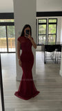 Burgundy mesh cap sleeve mermaid gown