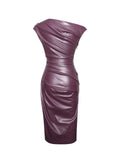 SABINA PURPLE LEATHER SLASH NECK MIDI DRESS