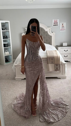 STRAPLESS FITTED GLITTER EMBELLISHED GOWN