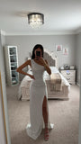 PAGET WHITE MESH RHINESTONE EMBELLISHED HIGH SLIT GOWN