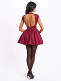 JACQUELINE BACKLESS BURGUNDY PUFFY SUEDE MINI DRESS