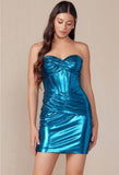 STRAPLESS TWISTED PLEAT METALLIC MINI DRESS