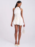 Idalia Pearl White Beaded Lace Trim Backless Halter Mini Dress