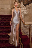 CRYSTAL ADORNED SATIN HALTER GOWN