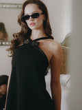 CAITLIN BLACK SATIN TRIM BOW MINI DRESS