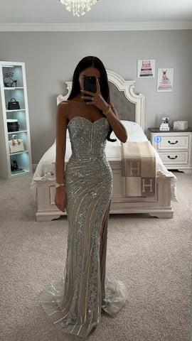 STRAPLESS CRYSTAL SILVER NUDE GOWN