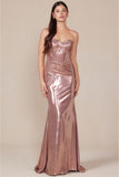 SLEEVELESS STRAPLESS TWISTED PLEATED METALLIC GOWN