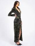 WILLOW GREEN GLOSSY VELVET HIGH SLIT BLAZER GOWN