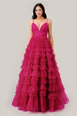 RUFFLED LAYED TULLE BALL GOWN