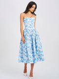 PALOMA BLUE PRINT LINEN CORSET DRAPING MIDI DRESS