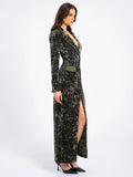 WILLOW GREEN GLOSSY VELVET HIGH SLIT BLAZER GOWN