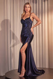 STRETCH SATIN FITTED GOWN WITH REMOVABLE LACE CAPLET