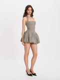 DACIA PLAID HALTER LACE UP BUBBLE HEM MINI DRESS