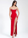 XOANA RED CRYSTAL EMBELLISHED HIGH SLIT GOWN