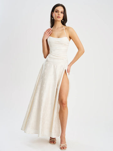 Raegan Pearl White Jacquard Rouched Maxi Dress