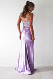 STRETCH SATIN GLITTER LACE FITTED GOWN