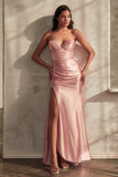 STRAPLESS LUMINESCENT FITTED SATIN GOWN