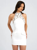 ORI WHITE HALTER NECK CRYSTAL PEARL MINI DRESS