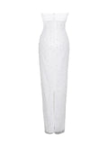 LAINEY WHITE SATIN SEQUIN PEARL BEADED MAXI DRESS