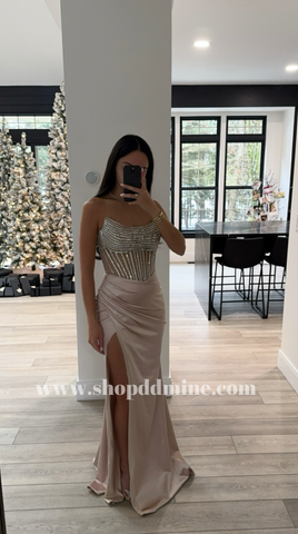 STRAPLESS CRYSTAL & SATIN FITTED DRESS