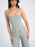 ZARIA SAGE GREEN WIDE LEG HALTER JUMPSUIT