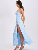 XATIA BLUE JACQUARD HIGH SLIT MAXI DRESS