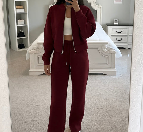 Baseball Collar Zip Up Outerwear and Drawstring Pants Set