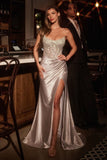 SCOOP NECK STRAPLESS FITTED SATIN GOWN