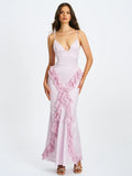 Paolina Taro Pink Jacquard Ruffle Mermaid Maxi Dress